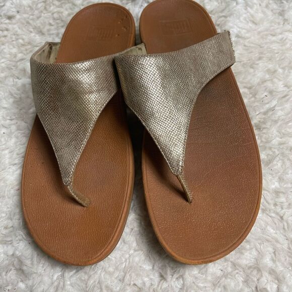 Fitflop Lulu faux leather reptile print gold tone wedge thong sandals size 11 - Picture 2 of 11